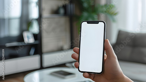 Man using smartphone blank screen frameless modern design while lying on the sofa in home interior