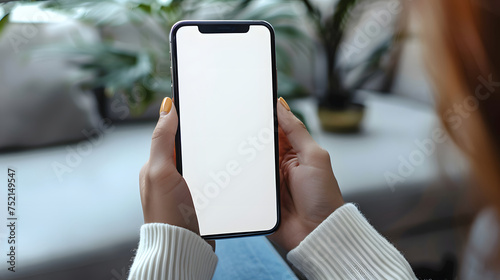 Man using smartphone blank screen frameless modern design while lying on the sofa in home interior