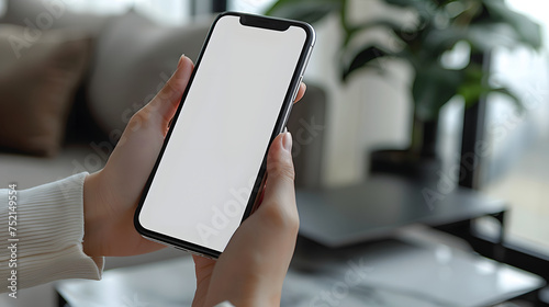 Man using smartphone blank screen frameless modern design while lying on the sofa in home interior