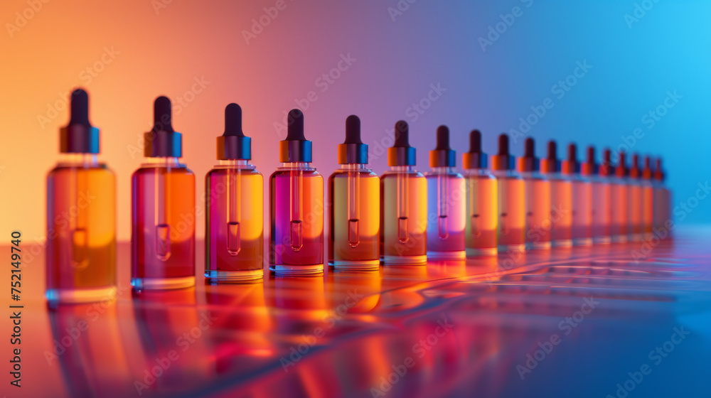 Serum, multiple serum bottles lined up Serum, multiple serum bottles lined up