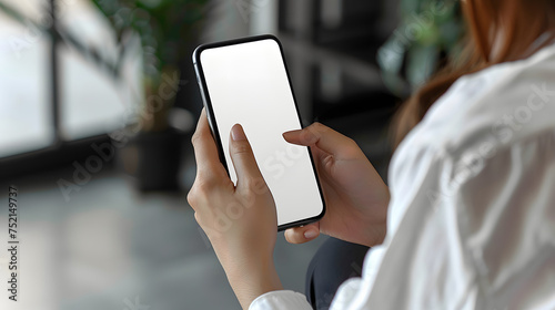 Man using smartphone blank screen frameless modern design while lying on the sofa in home interior