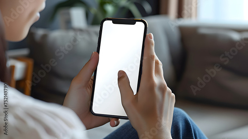 Man using smartphone blank screen frameless modern design while lying on the sofa in home interior