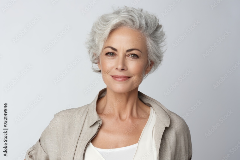 Portrait of smiling senior businesswoman with grey hair on grey background Portrait of smiling senior businesswoman with grey hair on grey background