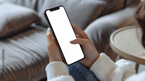 Man using smartphone blank screen frameless modern design while lying on the sofa in home interior