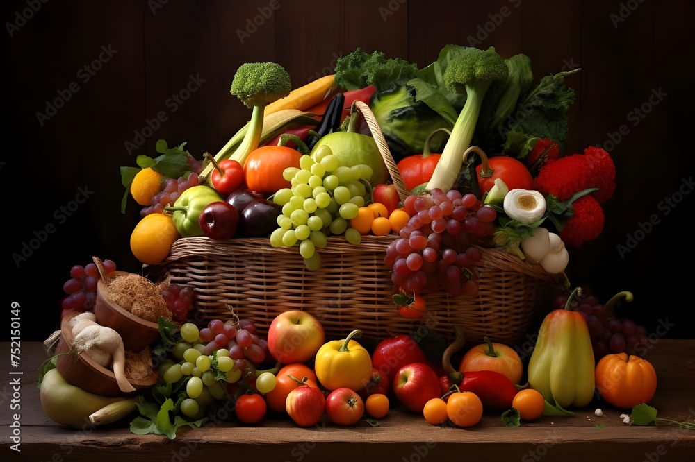 Basket of Fresh Produce: A rustic basket overflowing with fresh fruits and vegetables at a farmers' market.

