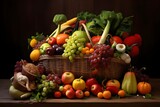 Basket of Fresh Produce: A rustic basket overflowing with fresh fruits and vegetables at a farmers' market.

