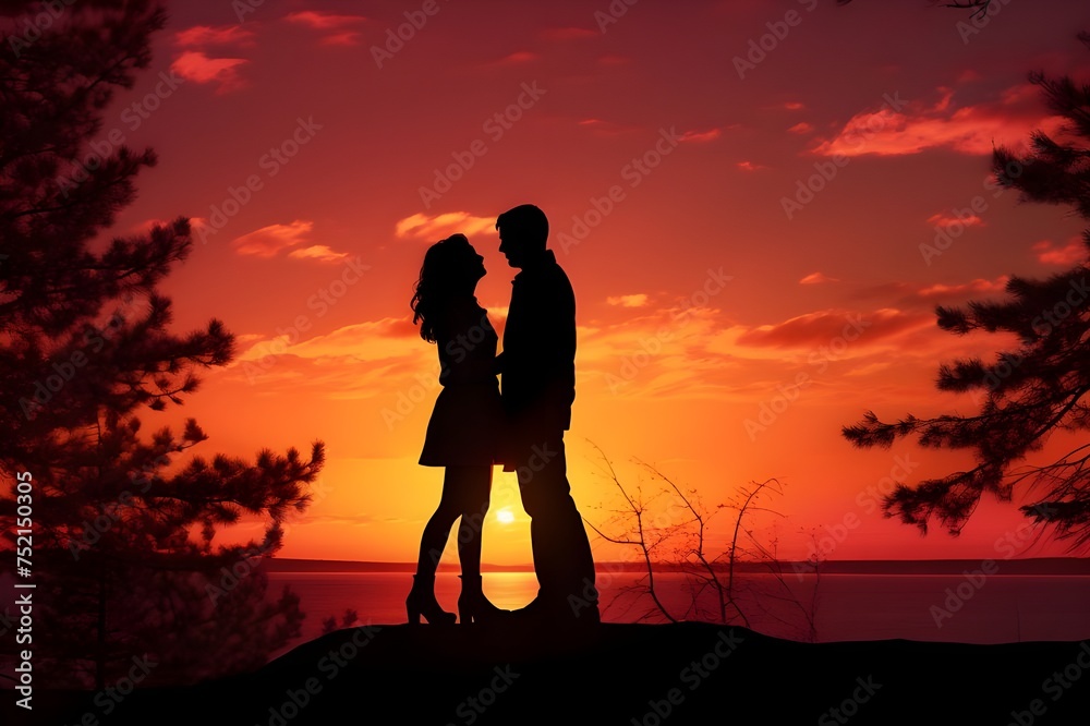 Silhouetted Lovers: A romantic silhouette of a couple against a vibrant sunset sky.


