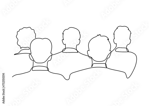 Audience, auditorium with sit people spectator back, continuous one line drawing. Business training, conference, education people mass. Students silhouette on lecture, seminar. Vector single outline