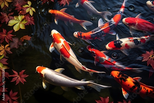 Koi Pond Harmony: Colorful koi fish swimming gracefully in a tranquil pond, creating a harmonious scene.