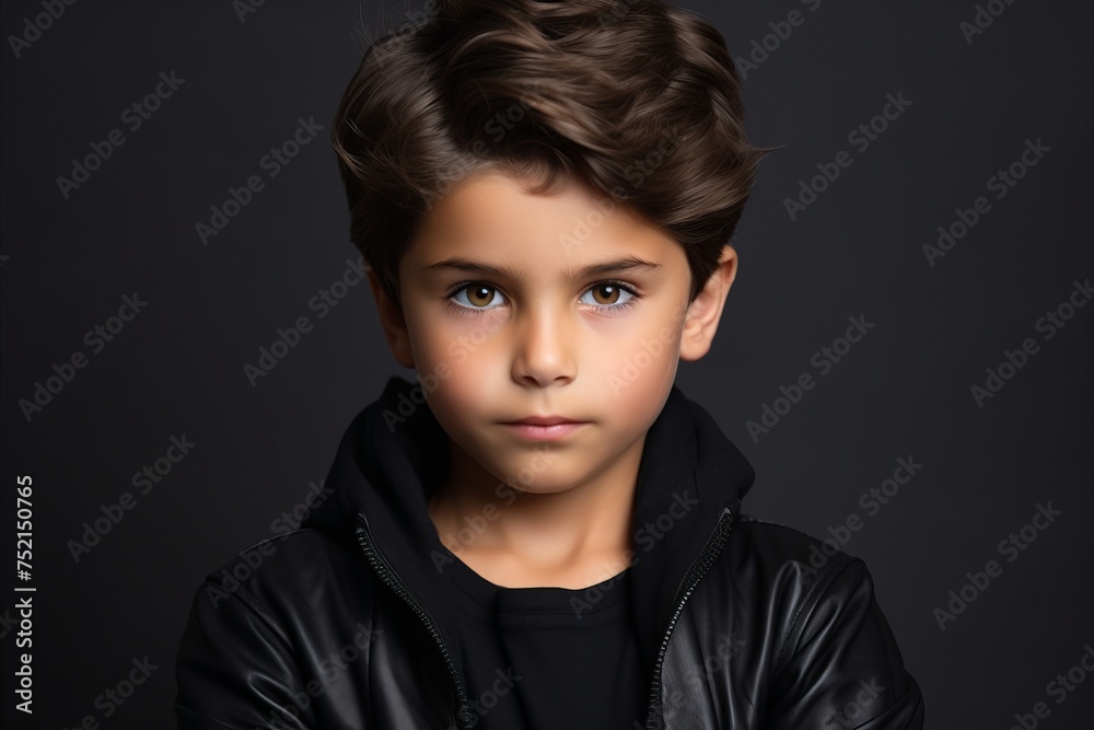 Portrait of a cute little boy in a black jacket on a dark background.
