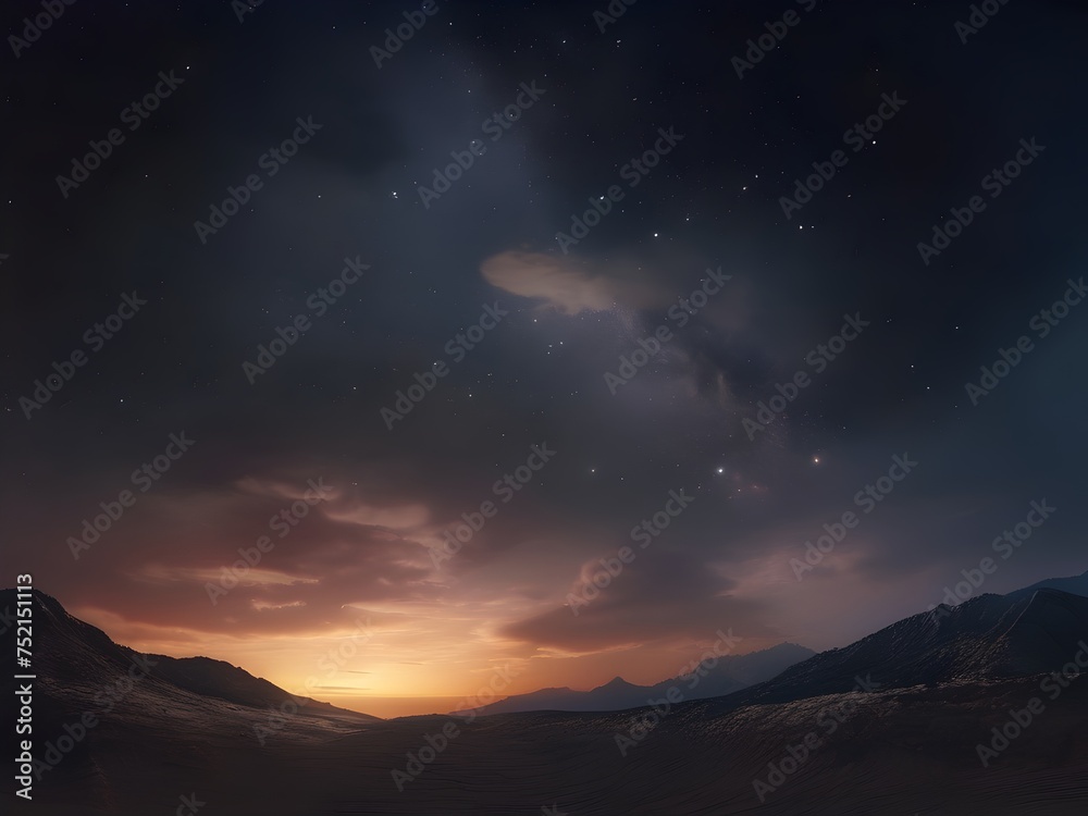 Spectacular Mountain Sunset with Cloudy Sky and stars.