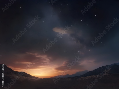 Spectacular Mountain Sunset with Cloudy Sky and stars.