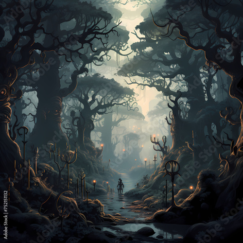 A mysterious forest with fog and hidden creatures.