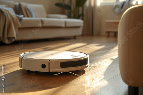 Modern  robotic vacuum cleaner on the floor for cleaning pet hair and dust in light living room. Smart cleaning technology