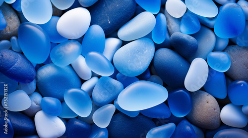 Assorted blue sea glass pebbles. Close up of various shades of blue sea glass pebbles arranged together, showcasing textures and subtle color differences.