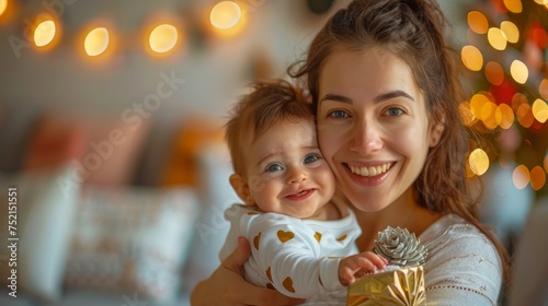 Laughing baby in mother's arms. happy smiling young mother. family, child and parenthood concept