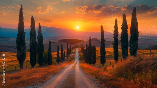 Tuscany Landscape with Cypress Trees at Sunset in Vintage Italy
