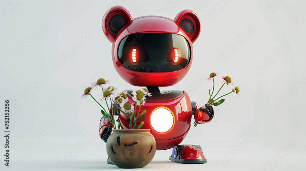 Little cute red robot with bear ears holds a clay pot