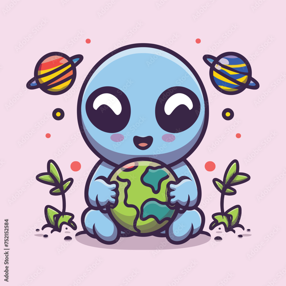 2d vector illustration chibi cute alien, holding sphere earth plant , full body , clean shape and line, white background, random moon background 2d vector illustration chibi cute alien, holding sphere earth plant , full body , clean shape and line, white background, random moon background