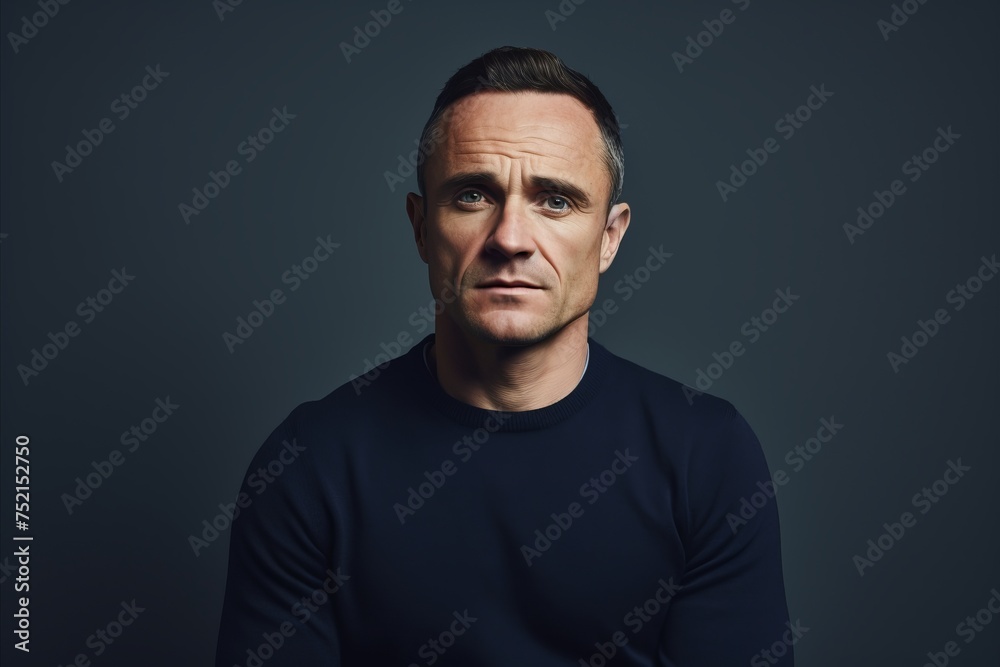 Portrait of a serious man looking at camera over dark background.