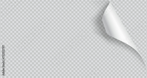Curled corner of paper with shadow realistic vector illustration. Office essentials. Turning notebook page 3d model on transparent background