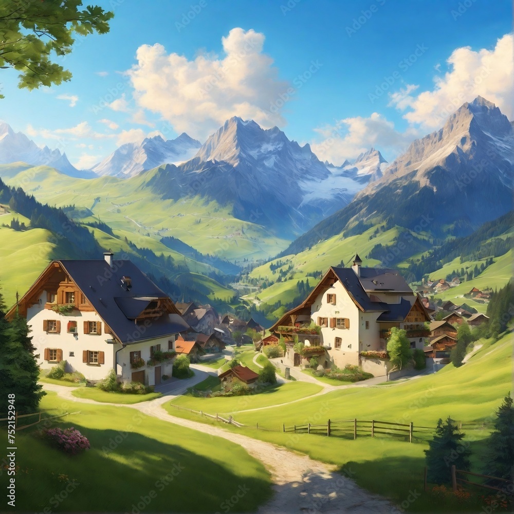 German Alps in Bavaria, Europe, picturesque scene with sunny hills, forests, alpine villages.