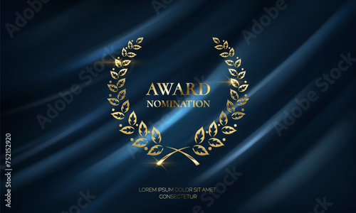 Laurel winner wreath with place for text realistic vector illustration. Appreciation of best participant 3d model on blue cloth background