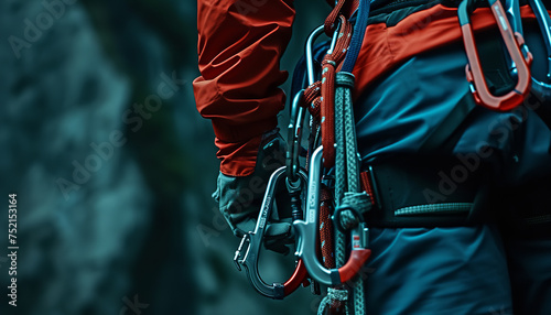 Carabiners, quickdraws, and slings hanging from a climber's harness -wide format photo