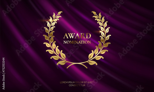Golden laurel crown with text realistic vector illustration. Winner wreath 3d model on purple curtain background. Award nomination marking