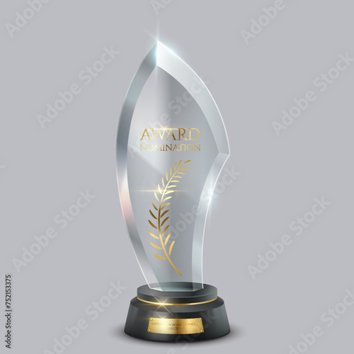 Glass award trophy realistic vector illustration. Reward for best performance. Sparkling crystal prize for winner 3d model on light background