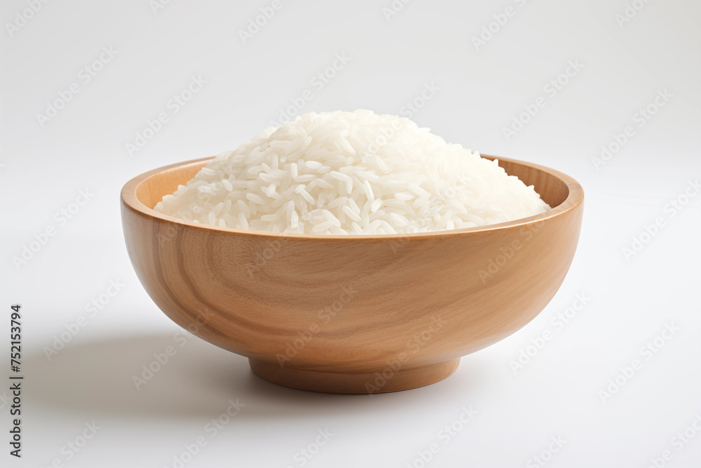 Coarse brown rice in wooden bowl isolated on white background, top view, flat lay. Coarse brown rice in wooden bowl isolated on white background, top view, flat lay.