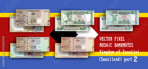 Vector set pixel mosaic banknotes of Kingdom of Eswatini Swaziland. Collection notes of 100 and 200 emalangeni. Obverse and reverse. Play money or flyers. Part 2 photo