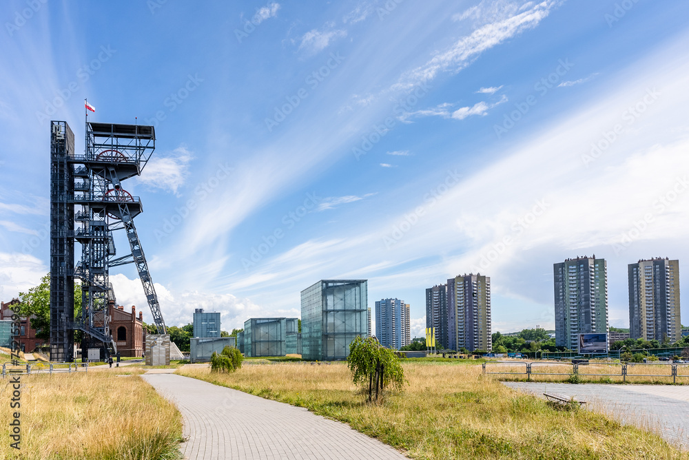 View of tower shaft Warszawa II and Silesian museum, Poland