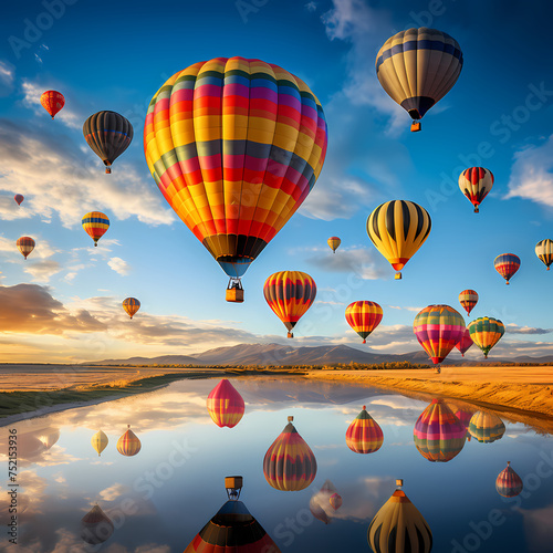 A row of colorful hot air balloons taking off