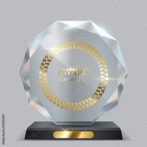 Crystal award trophy with golden engraving realistic vector illustration. Premium reward for best performer 3d model on light background