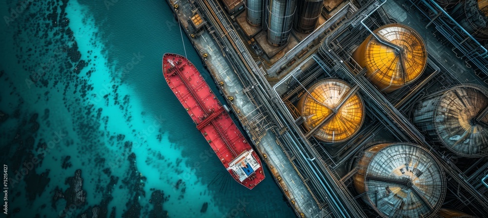Aerial view of large red cargo ship docked next to industrial oil and gas tank storage complex