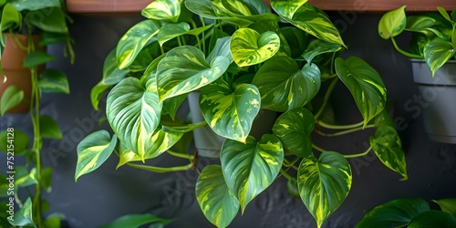 Potted pothos plants scattered on the floor and hanging pots filled with climbing, lush green leaves. Concept Indoor Gardening, Pothos Plants, Hanging Pots, Greenery, Home Decor
