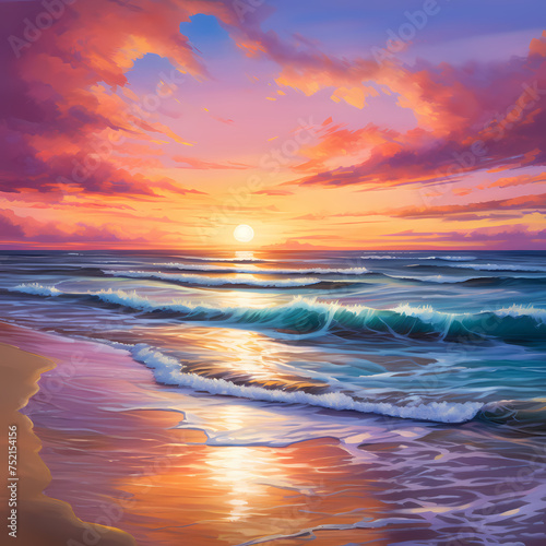 A serene beach sunset with vibrant colors.