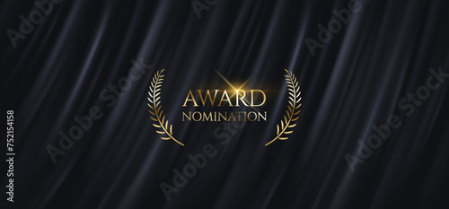 Golden text Award nomination with laurel branches realistic vector illustration. Victory in business and art contests symbol on black curtain background