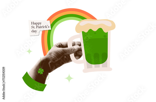 Halftone mixed media collage with hand holding beer mug with the rainbow over. Isolated y2k zine style card concept.