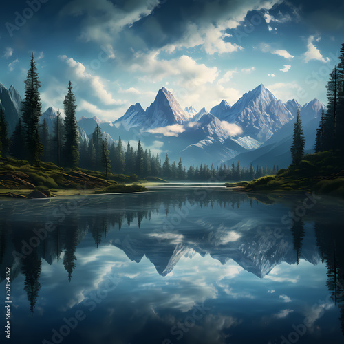A serene lake with a reflection of mountains.