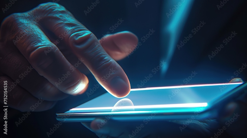 Hand touching smartphone screen, illustrating modern interaction with digital technology. - obrazy, fototapety, plakaty 