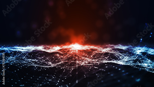 Abstract concepts internet network connection with polygons, dots and lines with dark blue background, red and blue color, center focus. 3d rendering.