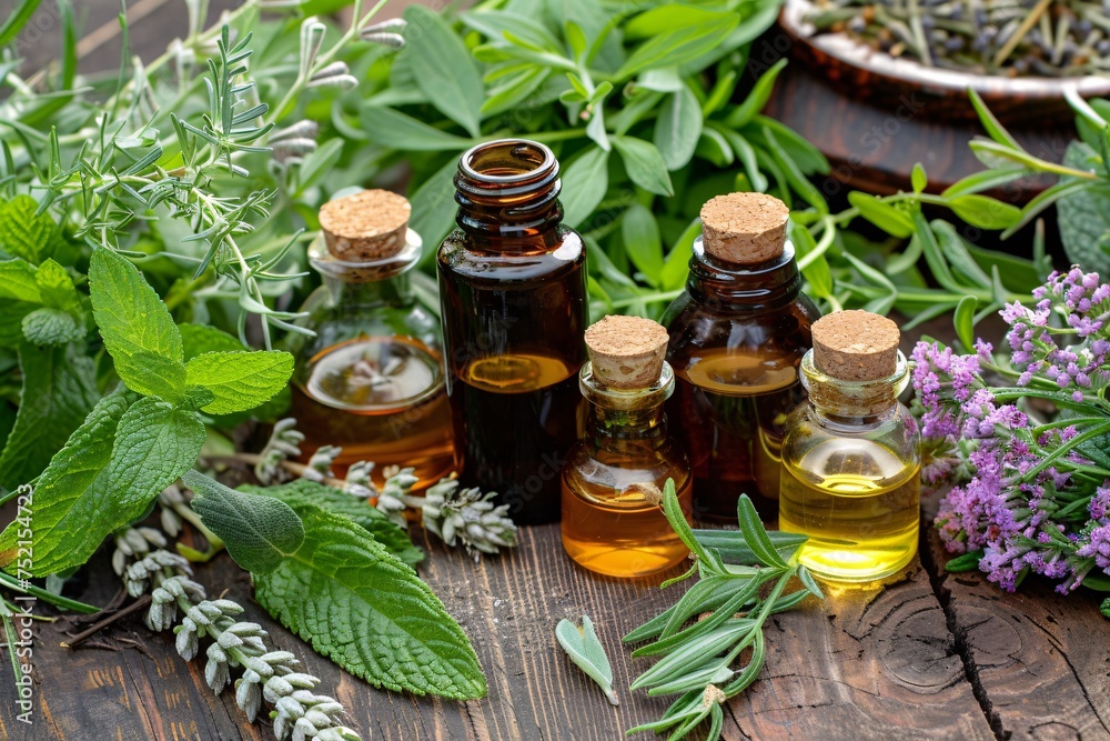 Essential oils in glass bottles and fresh herbs on a wooden table. Essential oils in glass bottles and fresh herbs on a wooden table.
