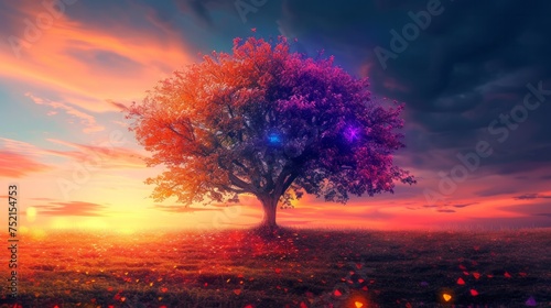 Illustration of a fantastic magic big tree with deep strong roots and large crowns 