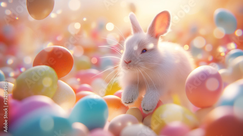 Cute bunny jumping around easter eggs. Concept of happy easter day. space for text
