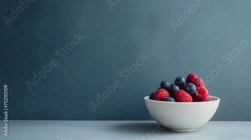 A white bowl is filled to the brim with a colorful assortment of ripe raspberries and plump blueberries photo