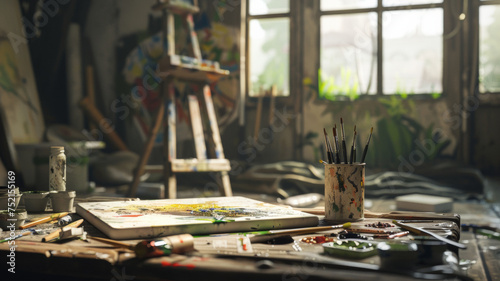 A sunlit artist's studio with a messy paint table and easel, brimming with creativity.