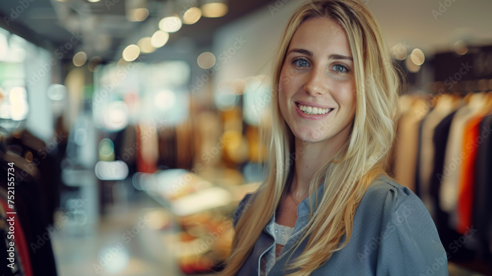 A friendly female retail worker smiling warmly at a boutique clothing store, welcoming shoppers.