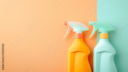 Ökologische Reinigungsmittel in Sprühflaschen, Draufsicht auf umweltfreundliche Putzmittel in Pastellfarben, Frühjahrsputz Hintergrund